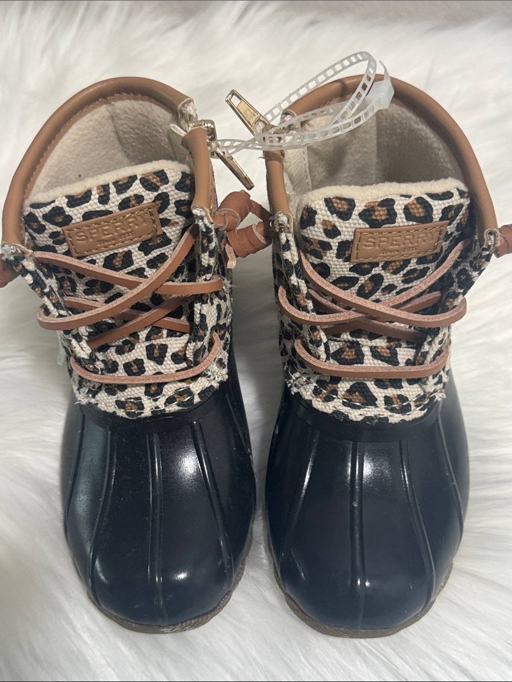 Sperry Girls Leopard Print Waterproof Rain Boots - Black/Brown/Tan - Picture 7 of 7